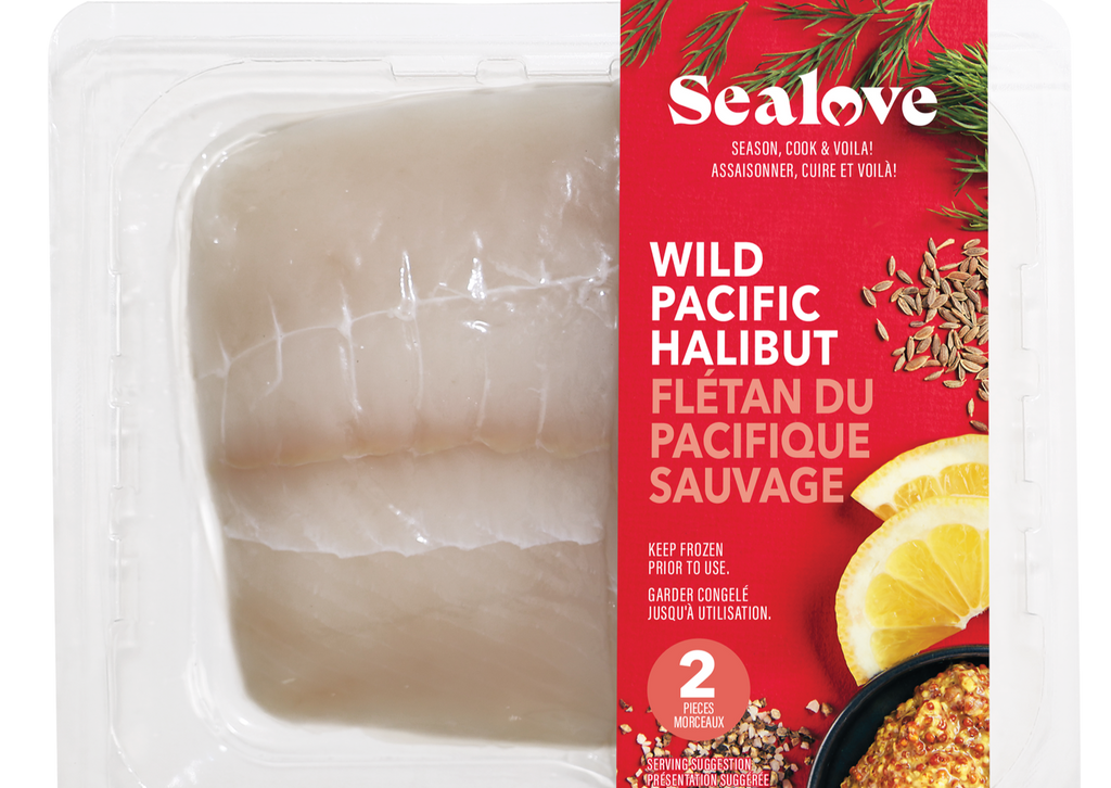 two portions of halibut in a tray with sealove packagin