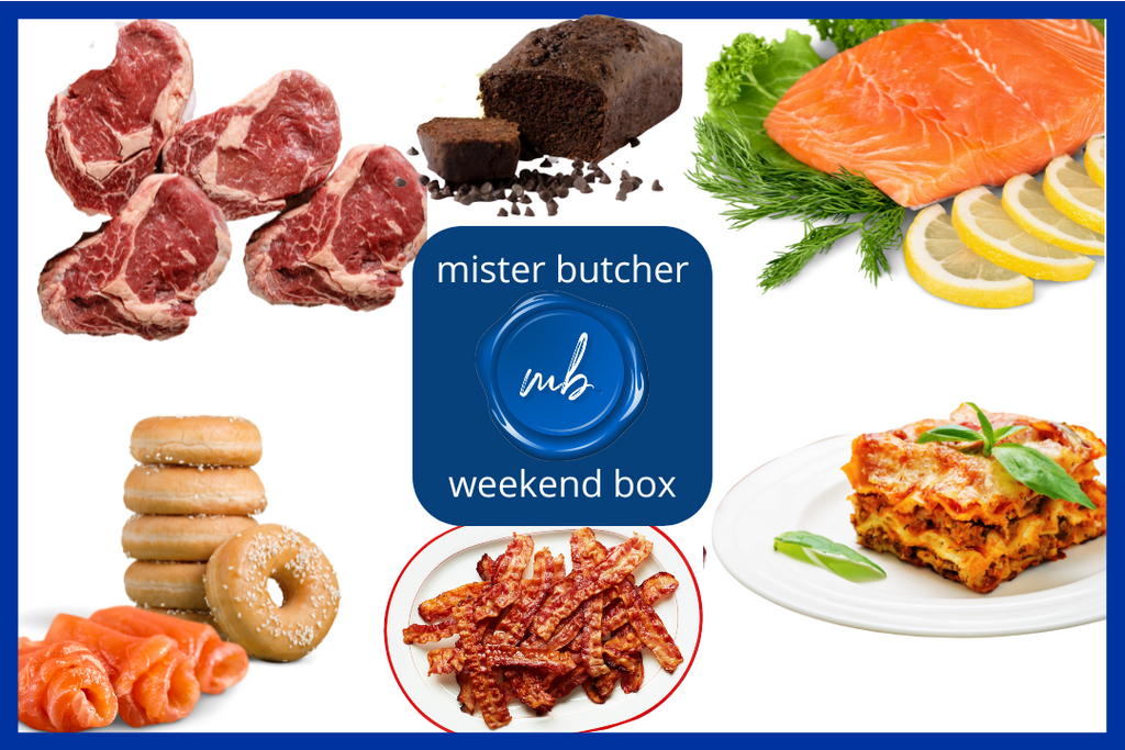 A blue mister butcher logo surrounded by assorted product offerings with a white background