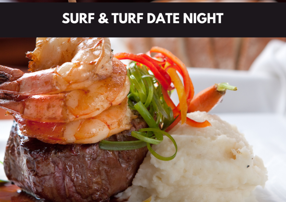 Beef tenderloin topped with shrimp and mashed potatoes titled “surf and turf night”