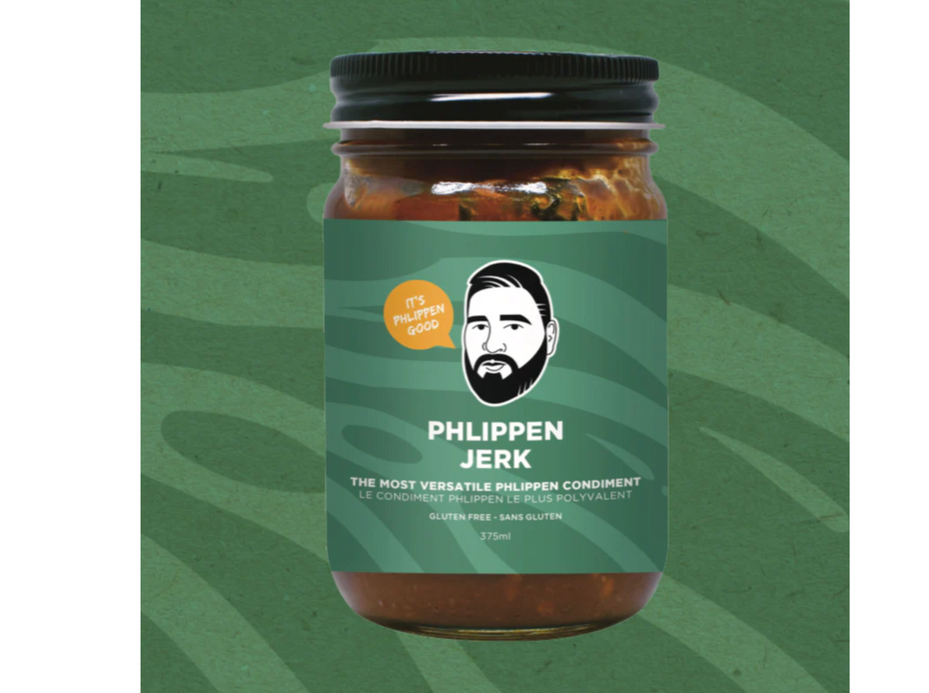 Jar of Phlippens original jerk sauce against a green background