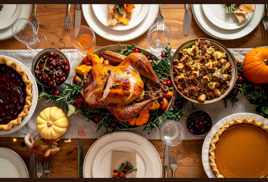dining table pictured from above with a turkey and stuffing and pumpkin pies