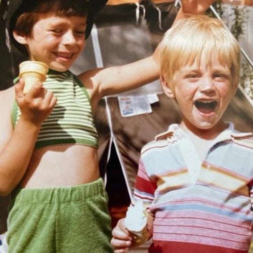 Mister butcher founders -Jonathan and Christine - as youngsters enjoying ice cream cones