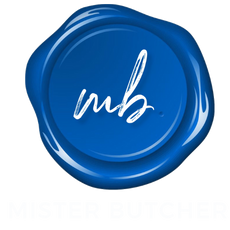 Blue Mister Butcher  logo on a white background