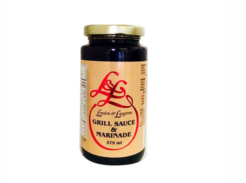 A jar of grill sauce and marinade from “London & Langtree” on a white background