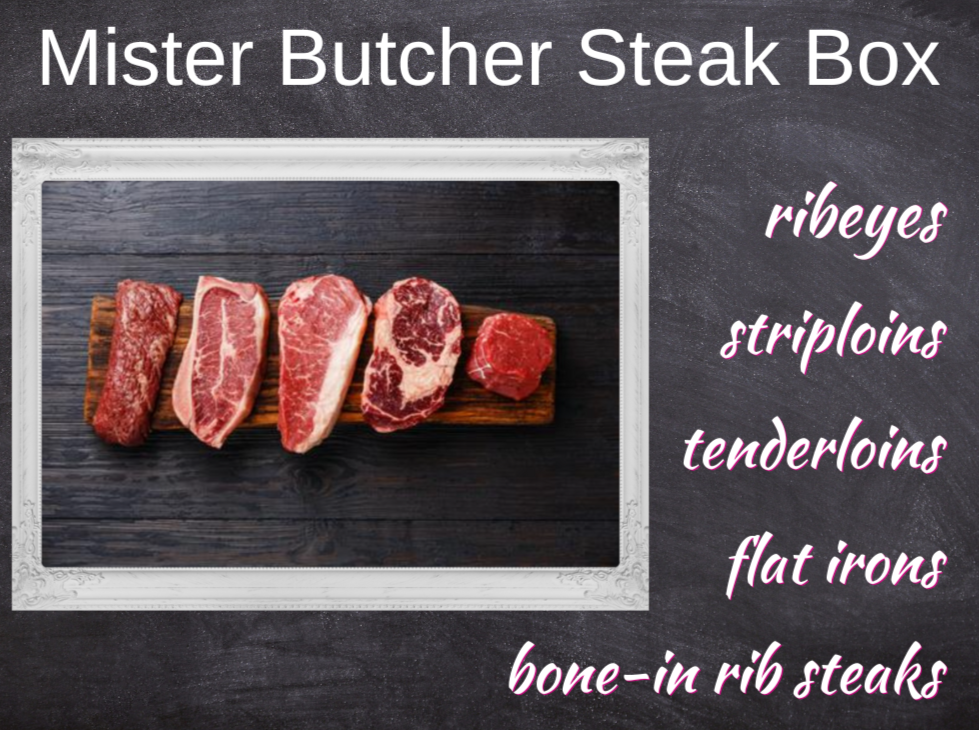 Five different cuts of steak on a black wood background with the title “mister butcher steak box” at the top