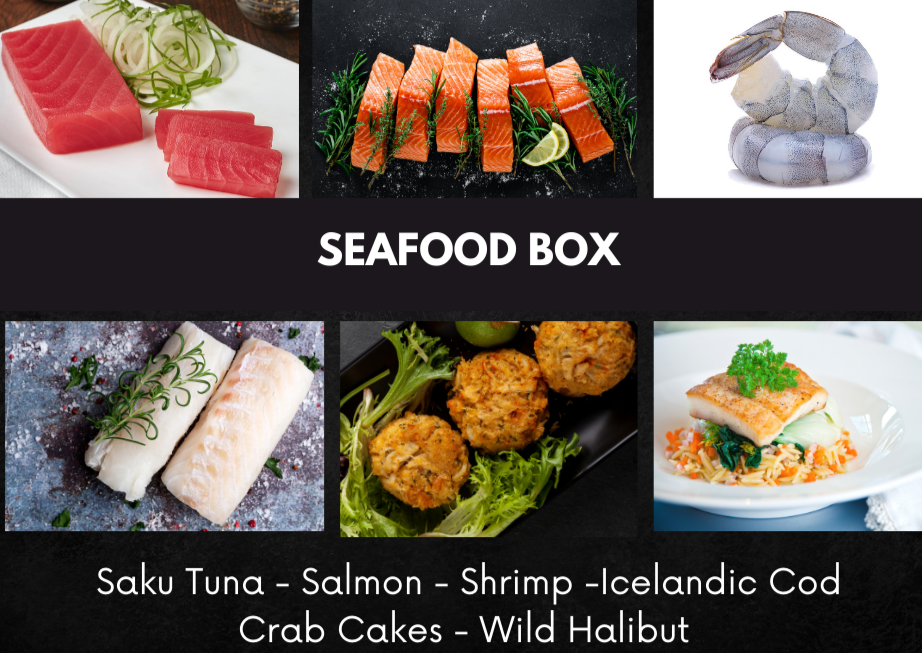 Titled “seafood box” with six different images of seafood products