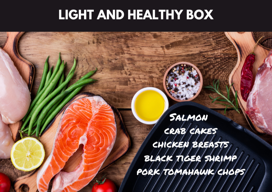 Fresh salmon, green beans, lemon and peppercorns on a wooden table titled “Light and Healthy Box”