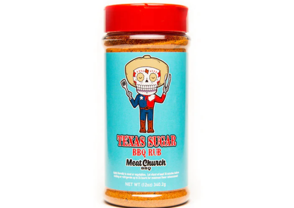 A bottle of Texas sugar bbq rub from “meat church” against a white background
