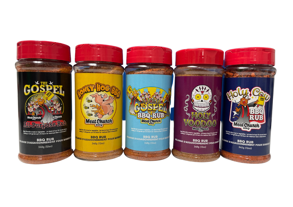 A selection of five “meat church” seasoning products on a white background
