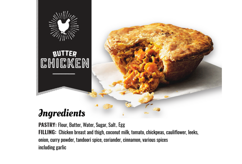 A sliced butter chicken pie from Pie Commission showing ingredients against a white background