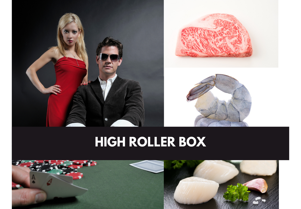 A well-dressed male and female, two aces, fresh scallops, wagyu steak and tiger shrimp titles “High roller box”