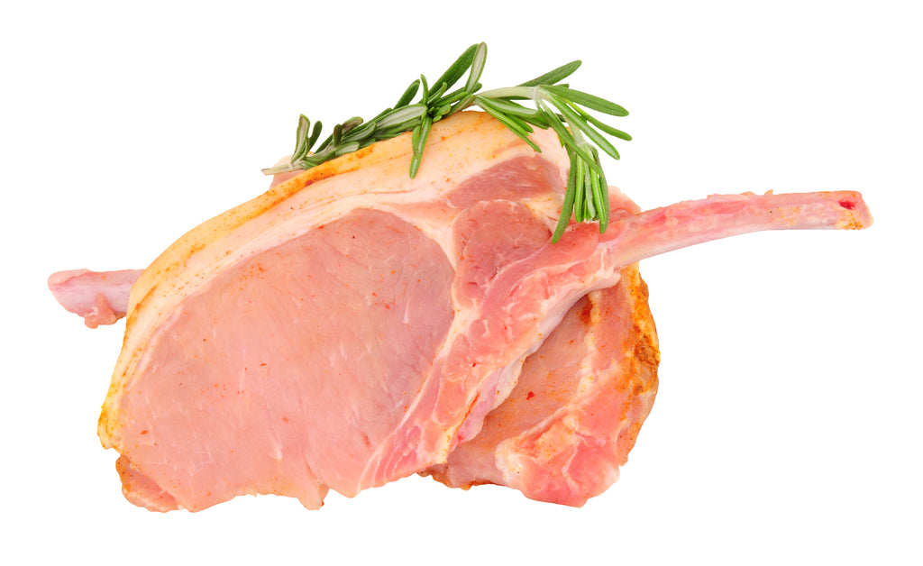two uncooked tomahawk pork chops on a white background with rosemary as a garnish